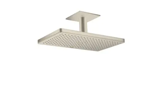 Deckenmontierte Kopfbrause aus gebürstetem Nickel mit rechteckiger Form und unterschiedlichen Strahlöffnungen. Hergestellt von AXOR.
